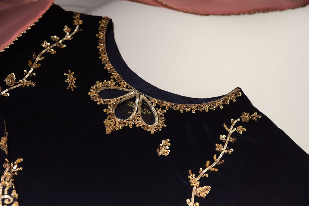 hand embroidery designs for black dress Elegant Hand Embroidery on a Black Dress | Dimensional Floral Design